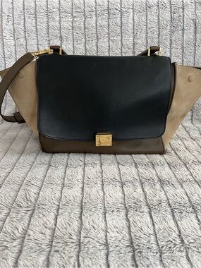 Celine leather and suede trapeze shoulder bag/satchel